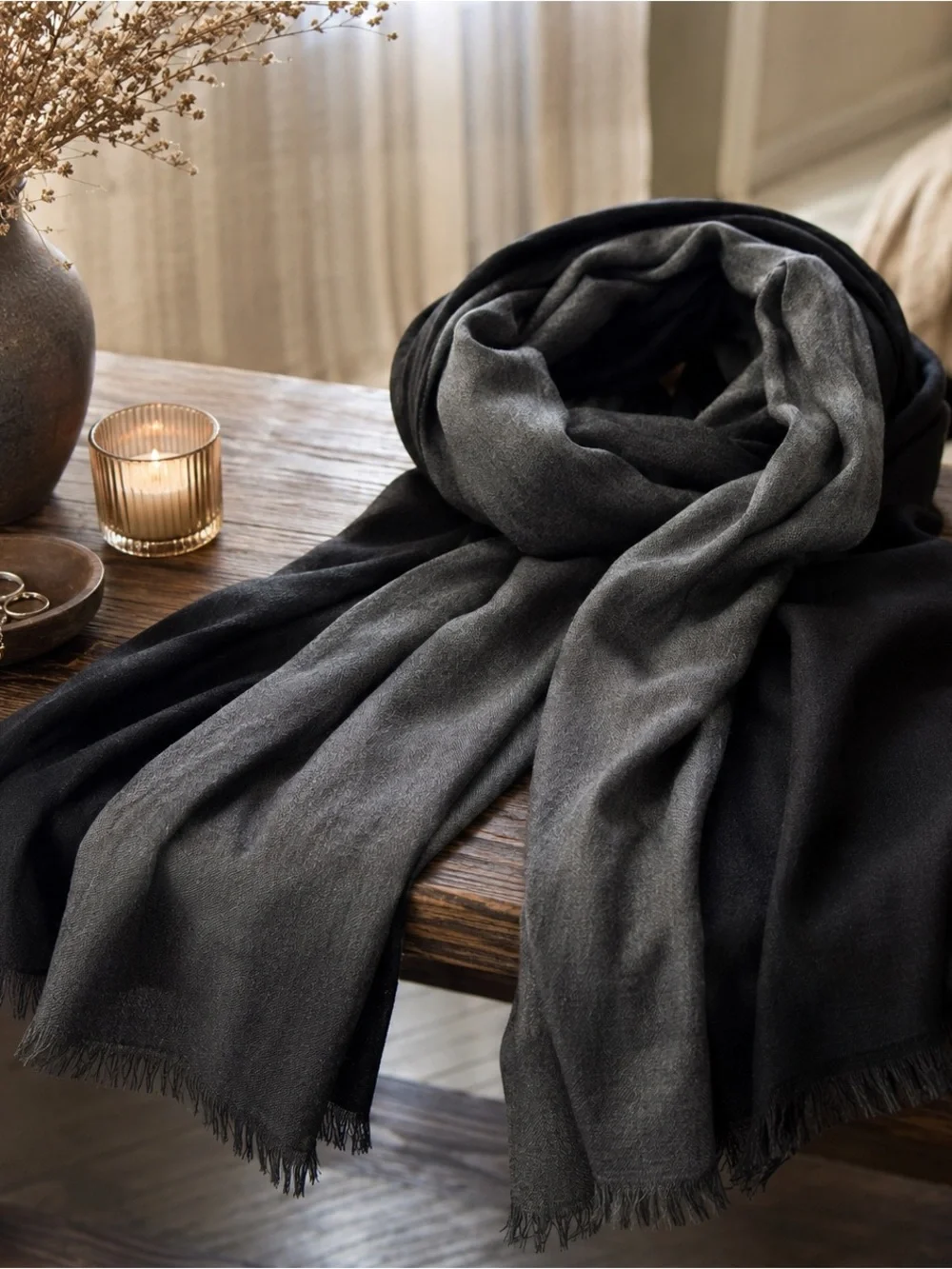 Eileen Fisher 50% Silk 50% Cashmere Reversible Gray Black Wrap Scarf Shawl